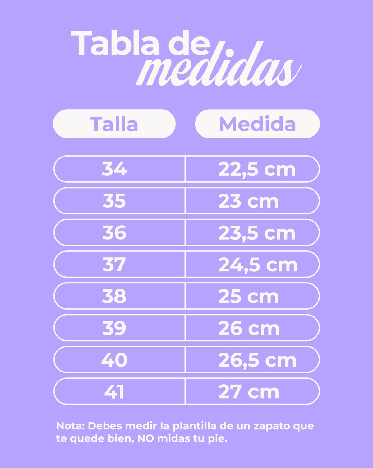 Tabla de medidas DSHOPPING: tallas 34 a 41